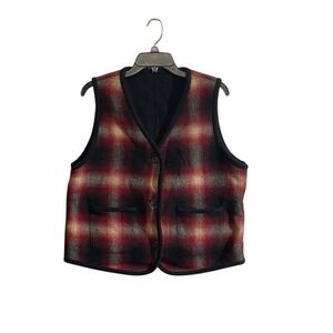 Wool Blend Vest Jacket Large Red Black Button Cabin Lumberjack Rustic Outdoor
